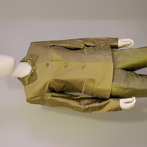 VTG 1960s PAULE VASSEUR Silk Taffeta Metallic Olive Green Mod Pant Suit - Picture 2 of 9